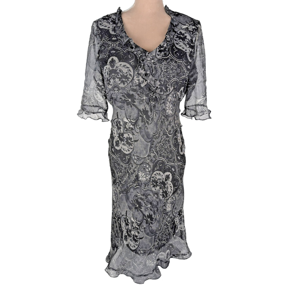 Y2K Ice Silk Paisley Ruffle Midi Dress Sz 14P Black Whimsygoth Dark Feminine